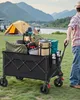 A person is pushing a fully loaded camping wagon in a grassy area with tents and mountains in the background. Produktbild-Vorschau