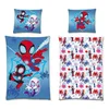 A collage of Spidey-themed bedding items, including pillowcases and a duvet cover, featuring cartoon-style illustrations of Spider-Man and other characters. Produktbild-Vorschau