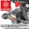 Close-up of a snow blower's engine control panel and starter button, with a logo and text indicating electric start functionality. Produktbild-Vorschau
