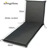 A dark gray chaise lounge cushion is shown from a diagonal angle, with dimensions indicated by text overlays. Produktbild-Vorschau