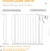 Diagram showing a white metal baby gate with text explaining its adjustable width and extension options. Náhľad obrázku produktu
