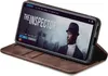 A smartphone in a brown flip case is displayed, showing a movie streaming interface on its screen. Produktbild-Vorschau