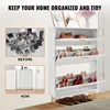 A shoe cabinet with three flip drawers, showcasing a 'before' and 'after' organization of shoes. Náhľad obrázku produktu