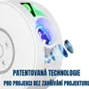 Close-up of a white projector with blue and green lights, with text overlay. Voir les images du produit