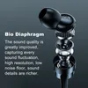 An exploded view of an earbud showing its internal components, with text describing its features. Produktbild-Vorschau