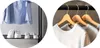 A collage of two circular images. The left image shows a blue shirt hanging above a shelf with four pairs of white shoes. The right image shows three white t-shirts hanging on wooden hangers. Podgląd zdjęcia produktu