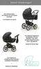 Collage of images and text describing features of a baby stroller. Produktbild-Vorschau