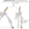 A high chair is shown in two states: unfolded and folded, with text indicating it folds flat quickly. Produktbild-Vorschau