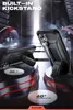 Two black phone cases are displayed on a futuristic, multi-tiered platform with red accents. The cases are shown from different angles, highlighting their kickstands in both landscape and portrait modes. Produktbild-Vorschau