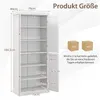 A diagram showing the dimensions of a white cabinet with its doors open. Voir les images du produit