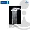 A close-up of a chrome shower head with water spraying out, against a black background, with marketing text and graphics on a white background. Produktbild-Vorschau