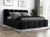 A black upholstered bed with a tufted headboard and frame, shown on a grey rug in a room with artwork and curtains. Produktbild-Vorschau