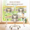 A child's ergonomic desk chair is shown in front of a desk and a large window with greenery outside. Insets show how to adjust the backrest height. Produktbild-Vorschau