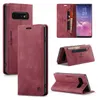 Collage of images showing a red leather wallet case for a Samsung Galaxy S10 phone from multiple angles, including open, closed, and in a stand position. Produktbild-Vorschau