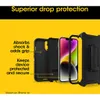 An exploded view of an iPhone 14 with its OtterBox Defender case, showing the different layers of protection. Produktbild-Vorschau