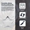 A cookie cutter in the shape of a star is shown on a background with flour and baking utensils. Text describes the product's features and benefits. Produktbild-Vorschau