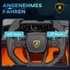 Close-up of a toy car's steering wheel and dashboard, with marketing text overlays. Produktbild-Vorschau