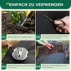 A collage of four images showing the steps to use weed control fabric in a garden. Produktbild-Vorschau