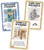 Three playing cards from a Western-themed card game are displayed diagonally on a white background. Podgląd zdjęcia produktu