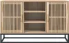 A wooden sideboard with slatted doors and black metal legs is shown against a white background. Náhled obrázku produktu