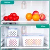 A split image showing the 'Before' and 'After' organization of fruits and vegetables in a refrigerator using storage containers. Produktbild-Vorschau