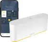 A smartphone displaying a smart home app interface is shown next to a white smart home hub device with a yellow accent. Produktbild-Vorschau