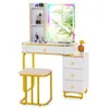 A white vanity table with gold accents and a stool, set against a white background. Anteprima dell’immagine prodotto