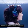A woman wearing blue headphones, with text overlays about battery life. Anteprima dell’immagine prodotto