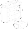 A technical drawing with dimensions of a changing table with drawers and shelves. Produktbild-Vorschau