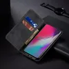 A black leather wallet-style phone case with a Samsung Galaxy S10 5G phone inside, along with some cards and cash. A watch is visible in the background. Produktbild-Vorschau