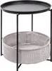 A round side table with a black metal frame and a black tray top, featuring a gray fabric basket underneath for storage. Produktbild-Vorschau