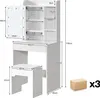 A diagram showing the dimensions of a white vanity table and stool set. Voir les images du produit