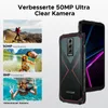 A smartphone is shown with feature callouts and example photos. Produktbild-Vorschau