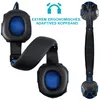 A gaming headset is shown in multiple configurations, highlighting its ergonomic design and adaptive headband. Text overlays describe its features. Produktbild-Vorschau