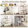A collage of four images showing different uses of a multi-functional shelf unit, including as a microwave cart, printer stand, storage shelf, and shoe rack. Náhled obrázku produktu
