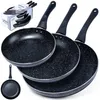 A set of three black frying pans with speckled granite coating and black handles, displayed on a white background. A box showing the product is also visible. Náhľad obrázku produktu