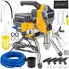 A collection of painting equipment, including a hydro-dynamic paint sprayer, hose, spray gun, and various accessories, laid out on a white background. Produktbild-Vorschau