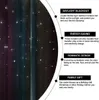 A close-up of star-patterned curtains with descriptive text boxes highlighting features. Náhled obrázku produktu