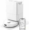 A white robot vacuum cleaner with its charging and cleaning station, and a smartphone displaying its app interface. Náhľad obrázku produktu