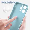 A hand is touching a light blue phone case, highlighting its matte surface and soft grip. Produktbild-Vorschau