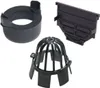 Three black plastic gutter accessories are arranged on a white background. Produktbild-Vorschau
