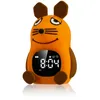 An orange cartoon mouse-shaped alarm clock with a digital display. Produktbild-Vorschau