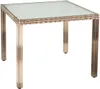 A square polyrattan table with a glass top, shown from a slightly elevated angle against a white background. Produktbild-Vorschau