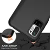 A black phone case is shown from a diagonal angle, with a close-up inset showing its corner protection. The case is depicted as falling onto a cracked surface, illustrating its drop protection feature. Produktbild-Vorschau