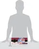 A silhouette of a person is shown behind a product box, with a ruler indicating its size. Voir les images du produit