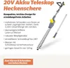 A telescopic hedge trimmer with its features listed, presented on a white background. Produktbild-Vorschau