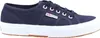 A side view of a navy blue Superga sneaker with a white sole, set against a white background. Produktbild-Vorschau