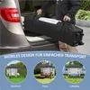A person loading a black tent bag into a car, with three smaller images showing the tent set up in different scenarios: backyard, party, and camping. Produktbild-Vorschau