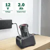 A battery charger with a battery inserted, plugged into a power adapter, with specifications displayed. Anteprima dell’immagine prodotto
