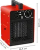 A red and black TROTEC ceramic fan heater is shown from a three-quarter front angle on a white background, with dimensions indicated. Voir les images du produit